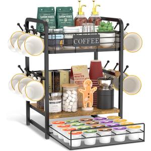 EsLuker.ly Coffee Bar Organizer Station Shelf Mug Holder, 3 Tier Coffee Cup Stand Rack for Countertop with 12 Hooks, K Cup Pod Organizer Drawer for Home Office, Keeps Essentials Tidy & Accessible (Wood Brown+Black)