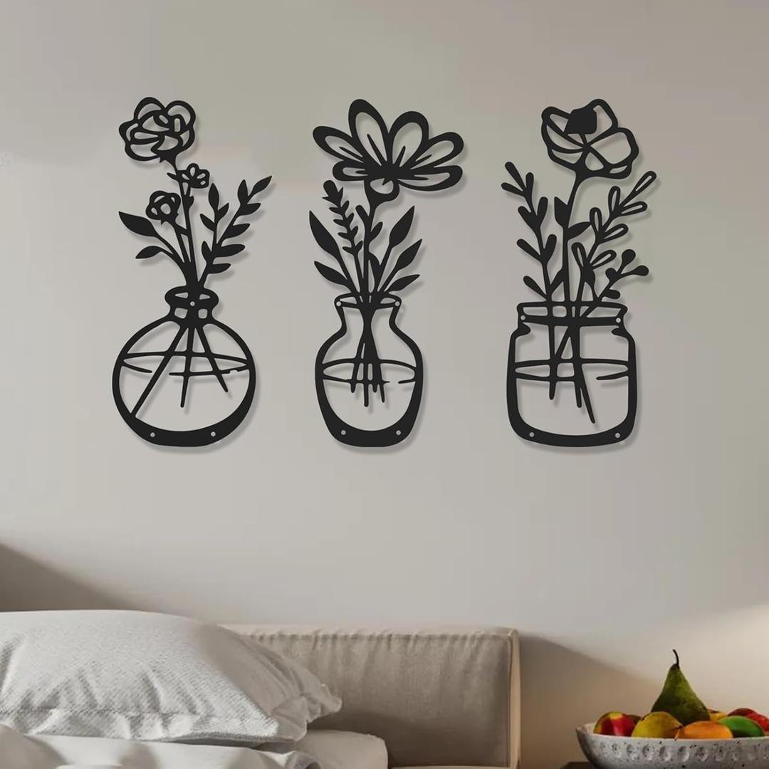 AMAATE Minimalist Metal Wall Art Set of 3, Black Iron Line Flower and Vase Sculptures, Farmhouse Home Decor for Living Room Bedroom, 6.7"x15"