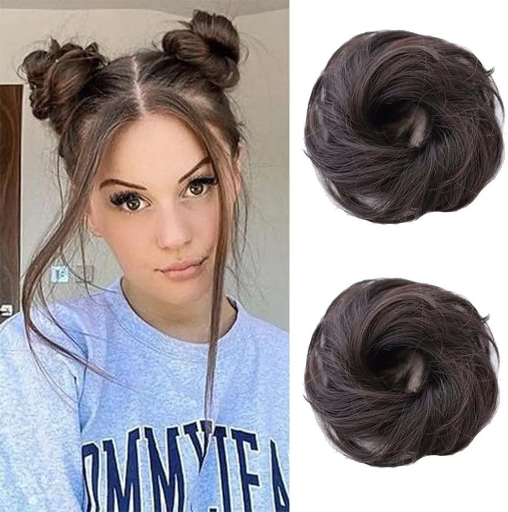 Messy Bun Hair Pieces Human Hair with Elastic Band Scrunchies Stretchy Fluffy Chignon Ponytail Hair Extension Updos for Women Girls (2#/Brown Black, 2Pack Straight)