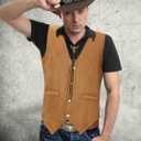 4 Pcs Western Cowboy Outfits for Men Suede Leather Vest Hat Bolo Tie Belt for Western Halloween Cosplay (Brown, L)