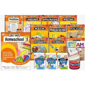 180 Days® Homeschool Grade 3 Set: Every Subject, Every Day (ten 180 Days® activity books, three flash card decks, and one In a Jar activity cards, and a parent guide): Every Subject, Every Day