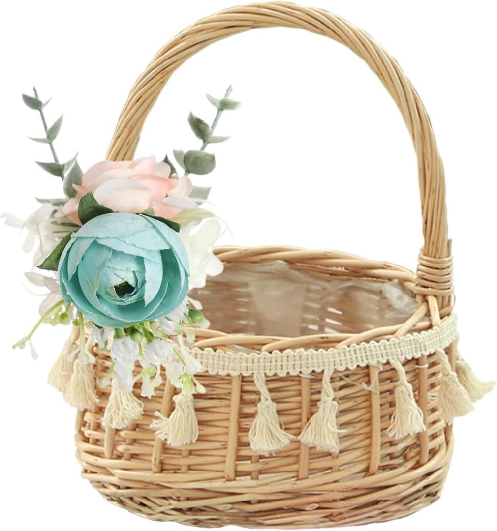 Rattan Woven Flower Girl Basket for Wedding,Handwoven Small Rustic Flower Girls Basket with Handle and Artificial Lace Flowers,Wicker Storage Baskets for Home Wedding Birthday Decor