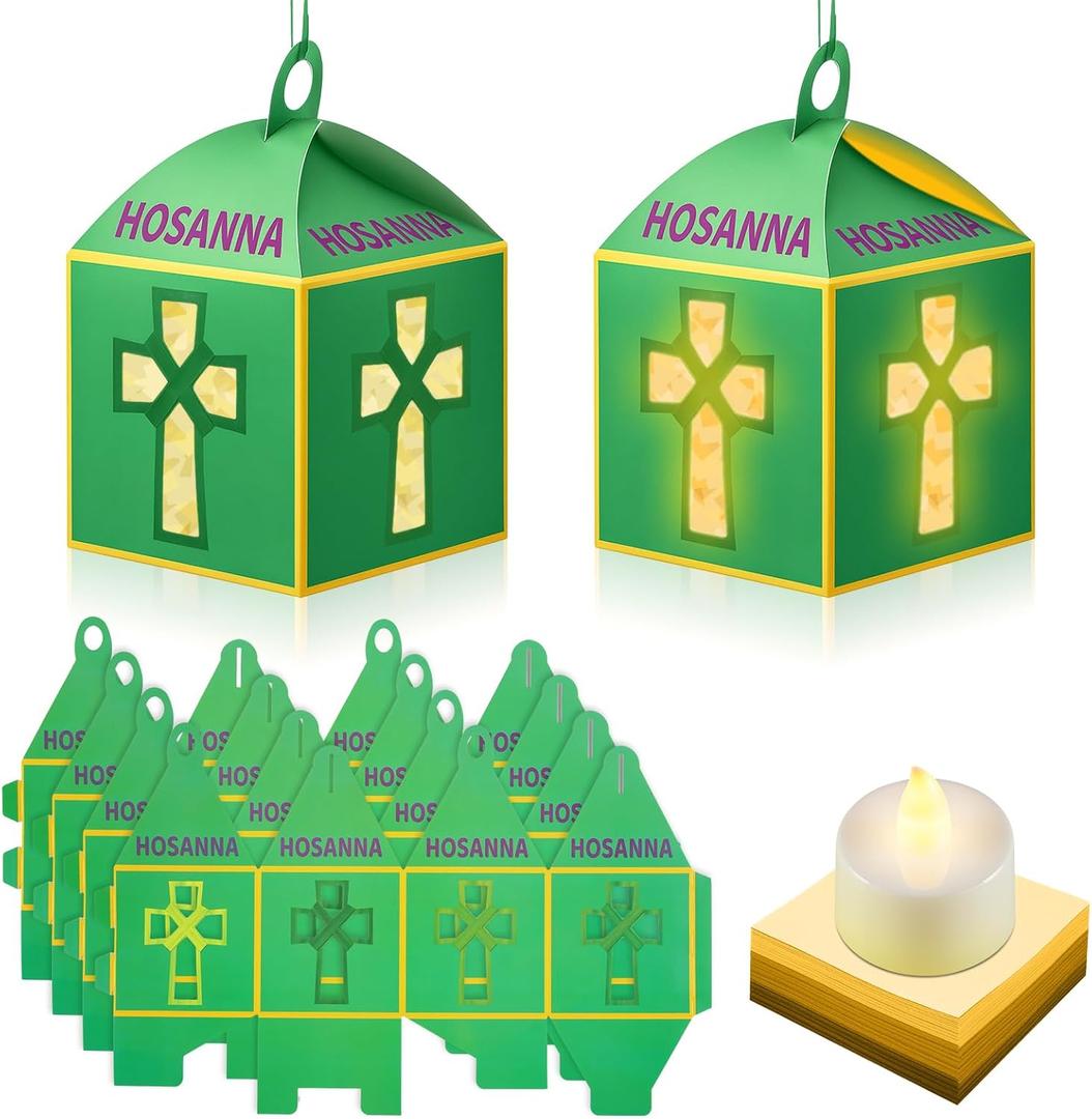 Simgoing 12 Sets Palm Sunday Crafts with LED Candles Easter Religious Palm Leaf Cross Tissue Paper Lanterns Craft Kits Sunday School Religious Holy Week Hanging for Easter Party Activities