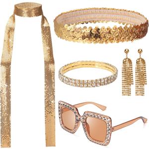 5 Pcs 70s Disco Accessories, Halloween Women Disco Costume Set with Jewelry Sequin Scarf Headband Diamond Bracelet Earring Sunglasses, Gold
