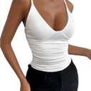 SHENHE Women's Deep V Neck Ruched Summer Spaghetti Strap Solid Fitted Camisole Tank Top (White, M)