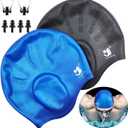 Unisex Swim Caps Ear Protection,2 Pack Silicone Swimming Caps for Short/Long Hair with Ear Plugs&Nose Clip,Waterproof Flexible Swimming Hat for Women Men Adults Kids,Easy to Put On and Off,Black+Blue