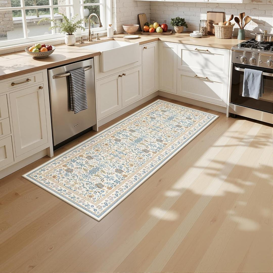 2x6 Runner Rug Non Slip Washable Hallway Runner Cloud Like Soft Morris Floral Rug for Hallway Entryway Bedroom Waterproof Runners for Kitchen Living Room Bathroom Beige