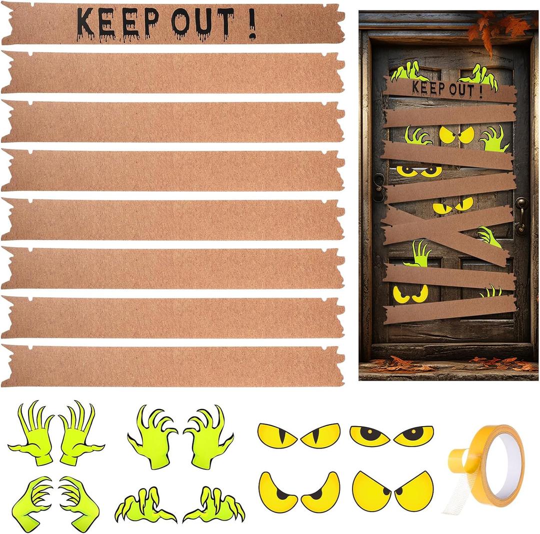 TecUnite Halloween Door Decorations Covers Boarded Up Window Keep Out Door Decor with Terrifying Eyes and Hands Stickers for Window Front Porch Sign Wall Party Decorations(Green Hand,Bright)