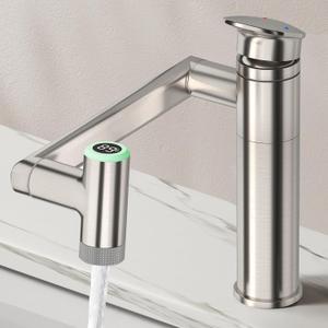 HOWUWEY Brushed Nickel Rotatable Bathroom Faucet with Temperature Display