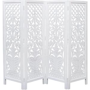 Room Divider Wood Screen Panel White, 4-Panel Folding 64"x54", Hand-Carved, Reversible Privacy Partition, Decorative & Functional Portable Room Divider for Home or Office