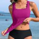 ANFILIA Scalloped Tankini Top Ribbed Bathing Suit Top Women Square Neckline Swimsuit Top (Pink, M)