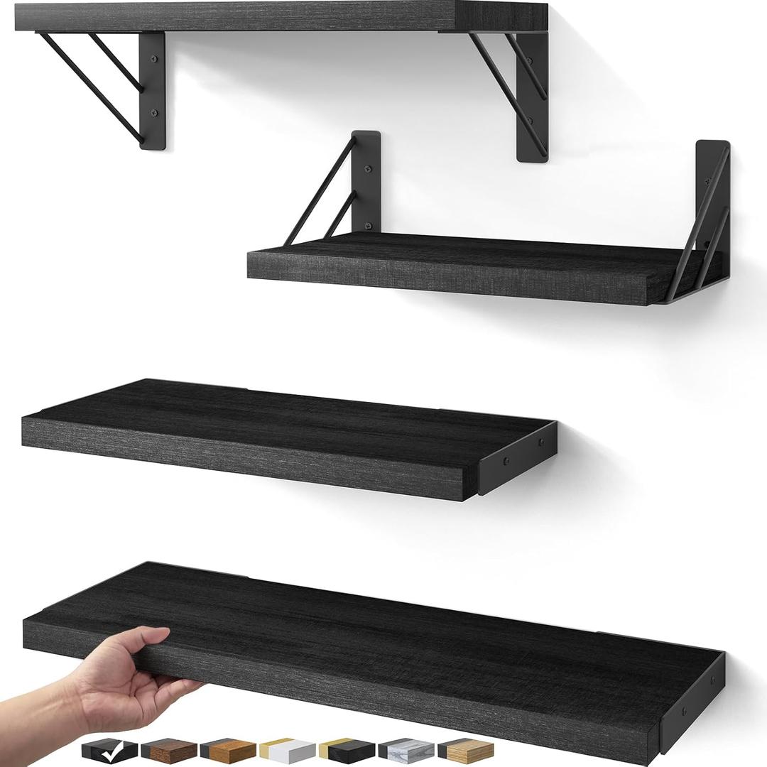 BAYKA Wall Mounted Floating Shelves, Wood Floating Wall Shelf for Books & Decor, Small Space-Saving Display & OrganizerBlackSet of 4