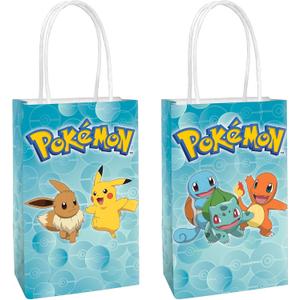 Amscan Printed Paper Kraft Bags - 8.25" x 5.25" x 3", 8 Pieces - Perfect for Parties, Gifts & Goodies, Pokemon (1 Count (Pack of 8))