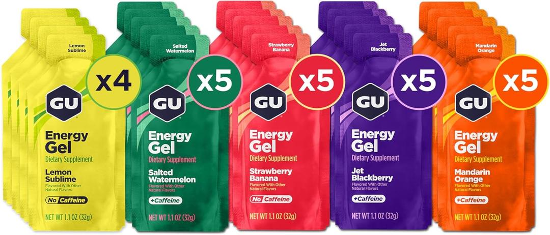 GU Energy Original Sports Nutrition Energy Gel, Vegan, Gluten-Free, Kosher, and Dairy-Free On-the-Go Energy for Any Workout, 24-Count, Assorted Fruity Flavors (EXP 11/01/26)
