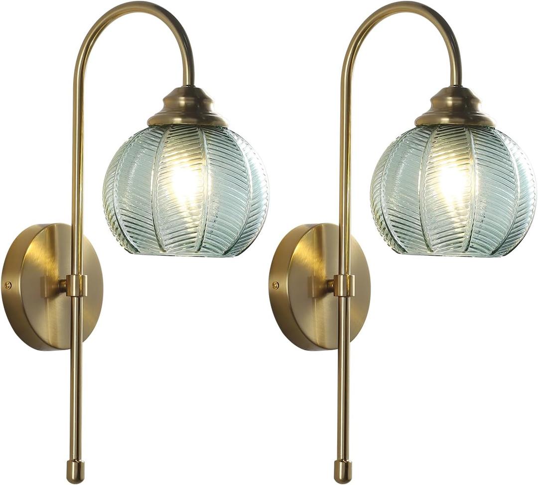 KCO Lighting Brushed Gold Wall Sconce Light Set of 2 Vintage Green Glass Wall Sconce Modern Globe Bathroom Vanity Light Fixture for Stair Corner Hallway