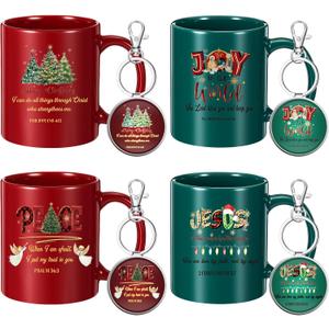 4 Sets Christian Coffee Mugs with Bible Verse Keychains Christmas Christian Gifts for Women & Men, 11oz Ceramic Scripture Coffee Cups Religious Keychains Inspirational Faith Based Church Gift