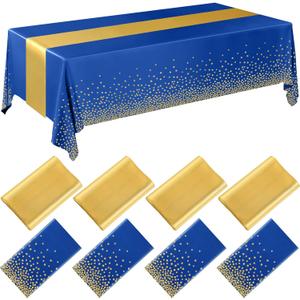 Breling 8 Pack Navy Blue and Gold Disposable Plastic Tablecloths and Satin Table Runner Set, 54 x 108 Inch Tablecloth, 12 x 108 Inch Table Runners for Wedding Graduation Birthday Baby Shower New Year