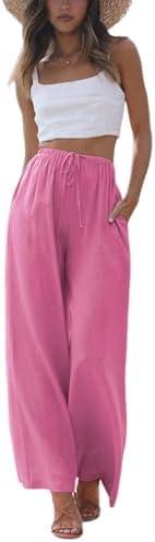 Faleave Women's Cotton Linen Summer Palazzo Pants Flowy Wide Leg Beach Trousers with Pockets Size Large
