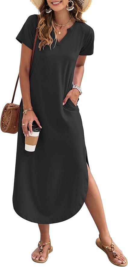 MISFAY Women's Summer Casual Maxi Dress 2025 Short Sleeves V Neck Loose Sundress Split Long Beach Shirt Dress Vacation Outfit, Medium Size