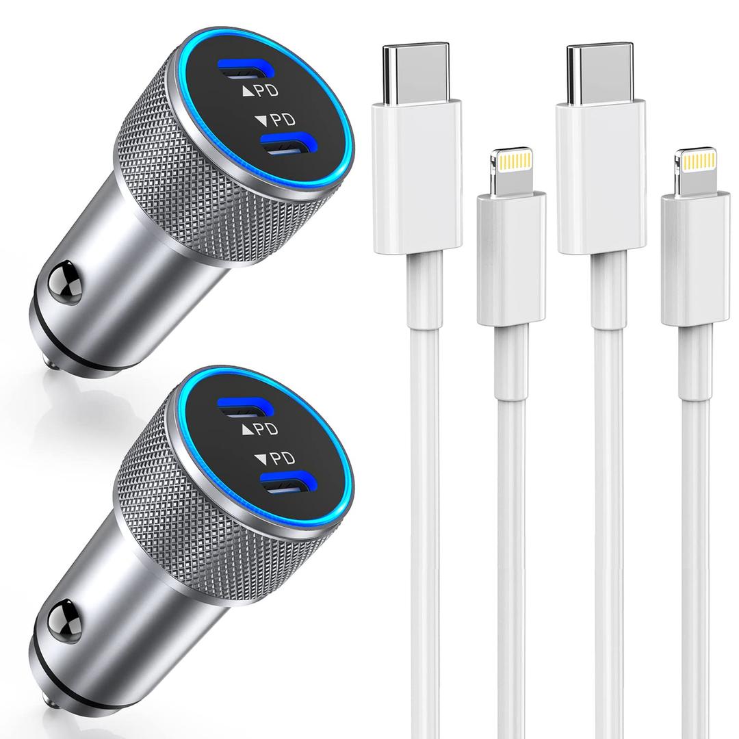 iPhone Fast Car Charger,2Pack Dual Port USB C Car Charger[MFI Certified]Power Delivery Car Adapter with 2Pack Lightning Cable Type C Rapid Car Charging for iPhone 14/14 Pro/13/12/11/X/Xs/Xr/SE/8/iPad (silver)