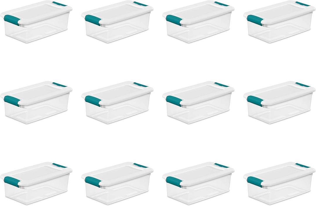 Sterilite 6 Qt Latching Storage Box, Stackable Bin with Latch Lid, Plastic Container to Organize Shoes on Closet Shelf, Clear with White Lid, 12-Pack