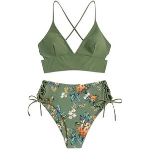 ZAFUL Women Tankini Set, Ribbed High Cut Surplice Swimsuit Bathing Suit with Spaghetti Straps, 2XL, Army Green