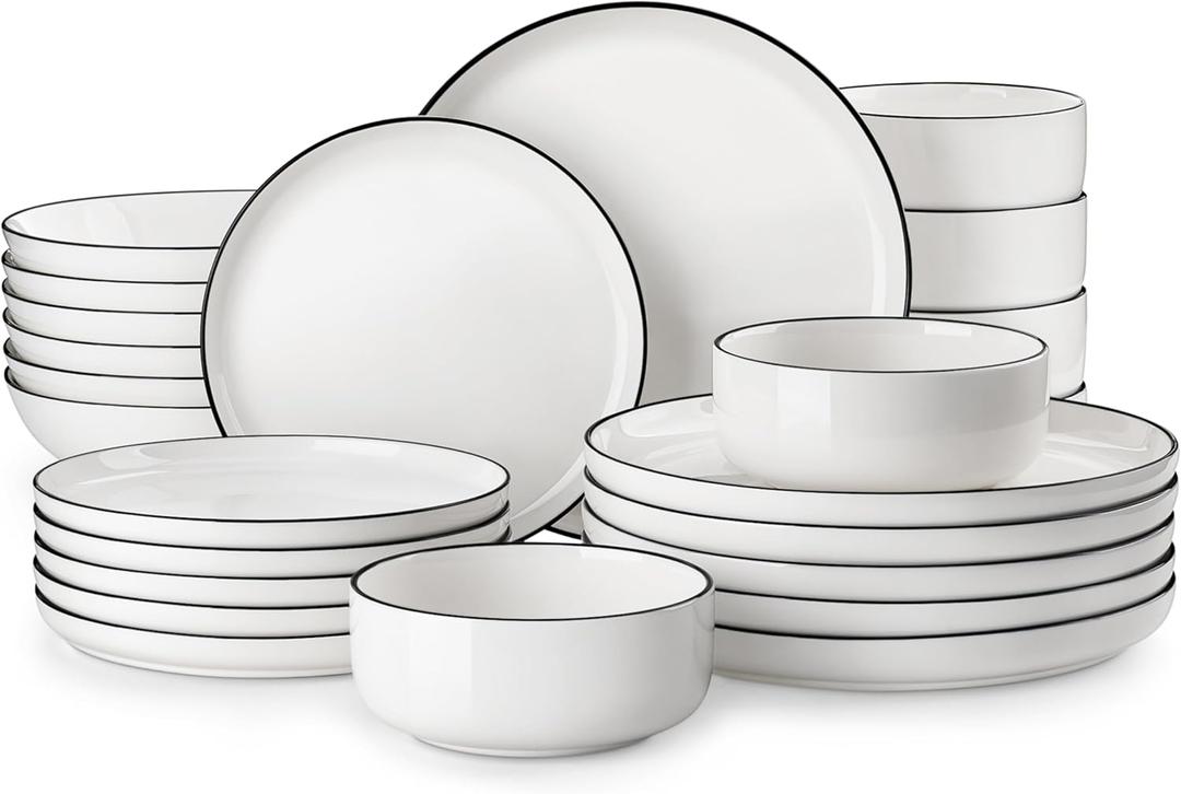 MALACASA Plates and Bowls Sets, 24 Pieces Modern Porcelain Dinnerware Set for 6 Ceramic Dishware Dishes White Kitchen Dinner Dining Ware Set wtih Black Rim Microwave and Dishwasher Safe, Series LUNA