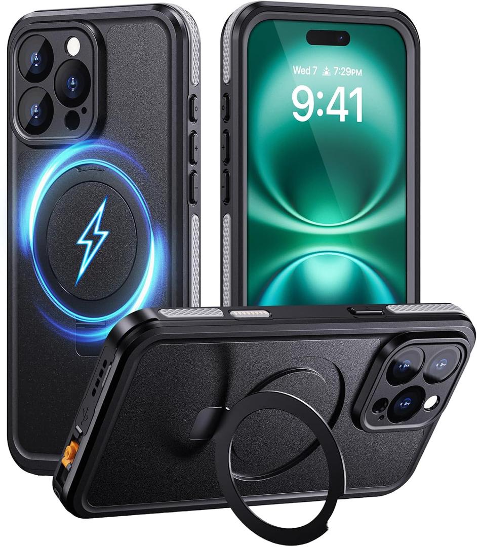 Lanhiem Magnetic for iPhone 16 Pro Case, IP68 Waterproof Case with Screen Protector, [Fit for MagSafe] [Invisible Stand] Shockproof Heavy Duty Sealed Underwater Case for iPhone 16 Pro (Black)