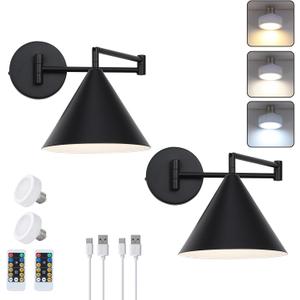 Black Swing Arm Battery Operated Wall Sconces Set of 2,Rechargeable Wireless Dimmable 3 Color Wall Light with Remote,Cone Indoor Light Fixture for Bedside,Kitchen,Hallway,Living Room,Reading