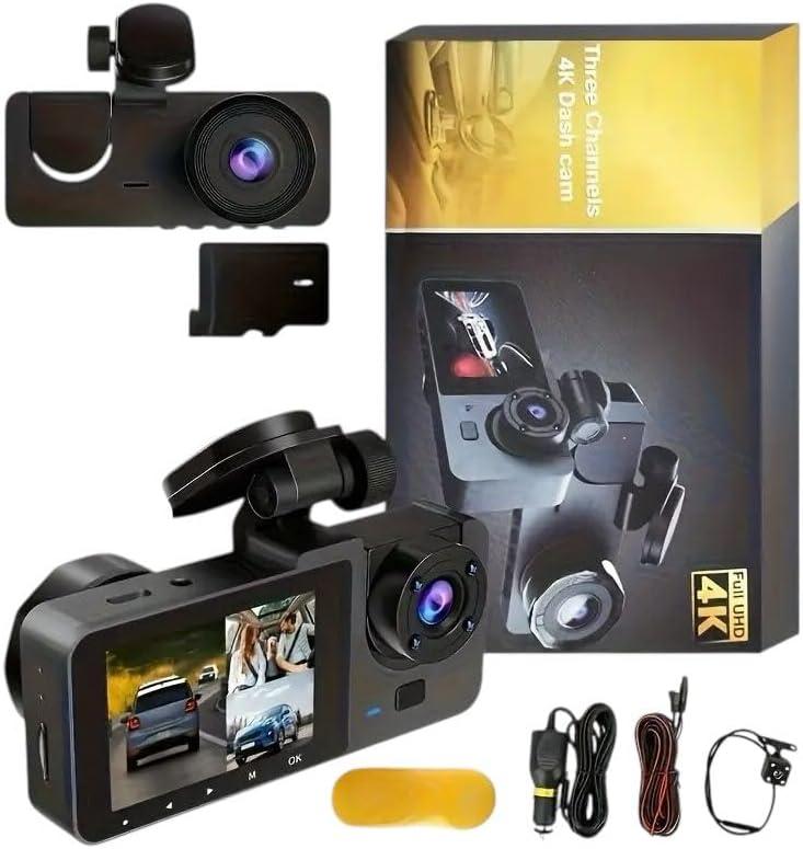 4K+1080P Ultra HD Car Dash Cam with 32GB SD Card - 3-Channel Front/Rear/Interior Camera, Motion Detection, 24H Parking Mode, WDR, G Sensor - Includes Mounting Hardware & Accessories.