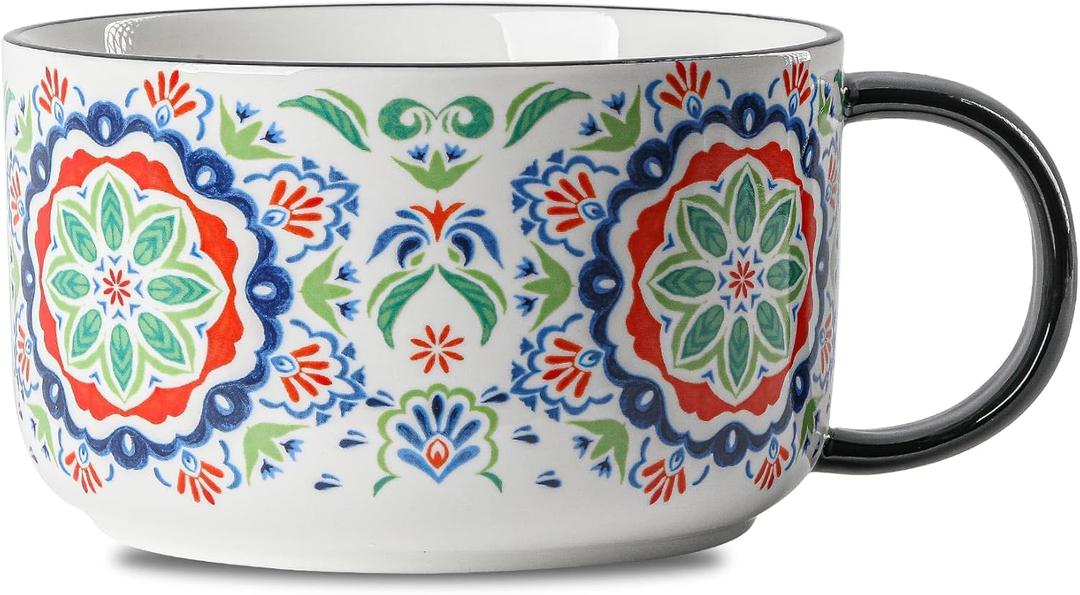 Extra Large Ceramic Coffee Mug: 38 oz Oversized Bowl with Jumbo Handle for Home Office Breakfast Soup Cereal - Moroccan Pattern Design Microwave Safe Giant Cup - A