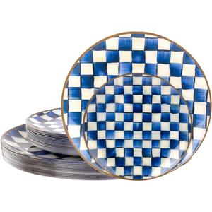 U-QE 20PCS Blue Plastic Plates for Party - Retro Checkered Plates Disposable Heavy Duty - Blue and White Plate for Party, Birthdays - 10 10.25 Inch Dinner and 10 7.5 Inch Dessert Plate