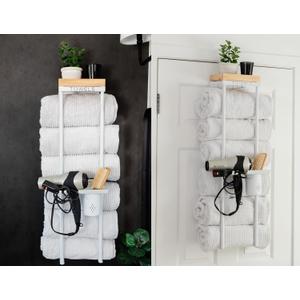 Over The Door/Wall Mounted Towel Rack - Modern Door & Wall Towel Holder for Rolled Towels with Hair Slot Dryer & Multipurpose Cup Holder - Hanging Towel Rack for Bathroom Holds 6 Large Towels - White