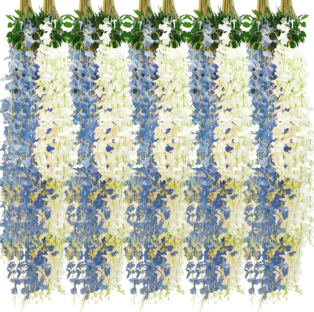 Giegxin 24 Pcs Artificial Wisteria Hanging Flowers 3.6 ft Artificial Fake Wisteria Vine Rattan Hanging Garland Silk Flowers String for Wall Home Wedding Party Greenery Decorations (Blue,White)