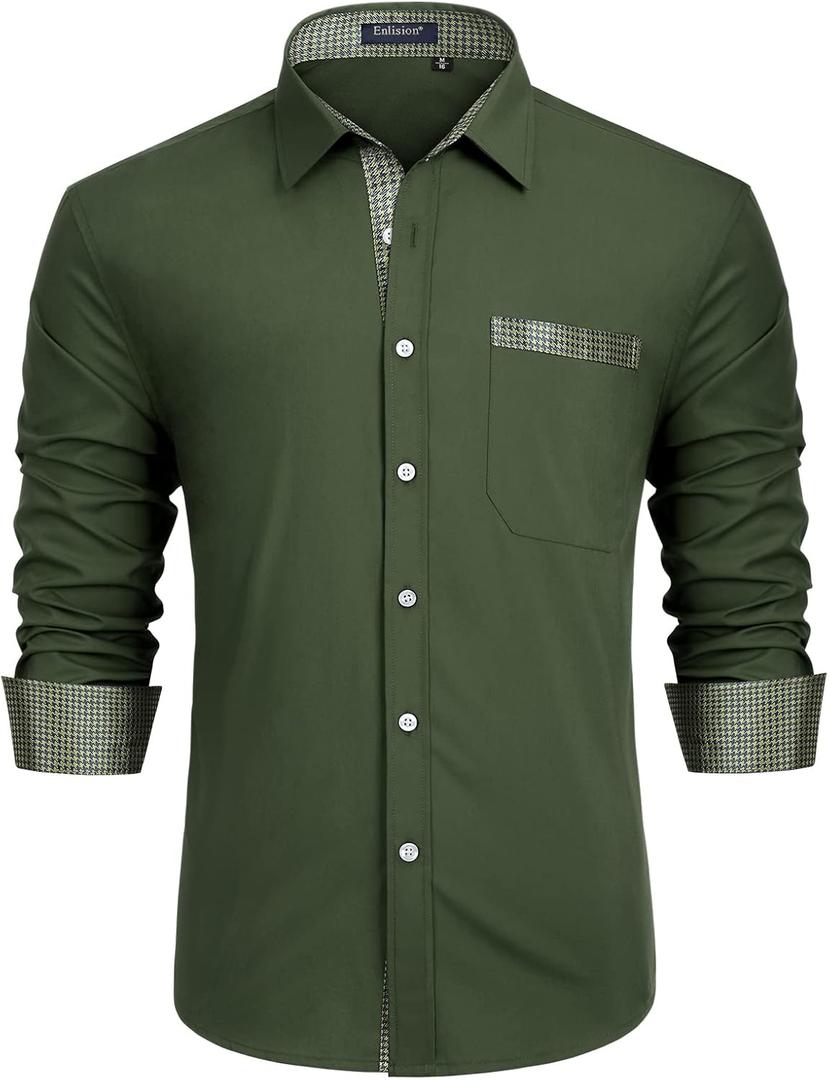 Enlision Mens Dress Shirts Formal Long Sleeve Casual Button Down Shirt Regular Fit for Business Wedding Tuxedo Contrast Shirt (3X-Large, 02-green)