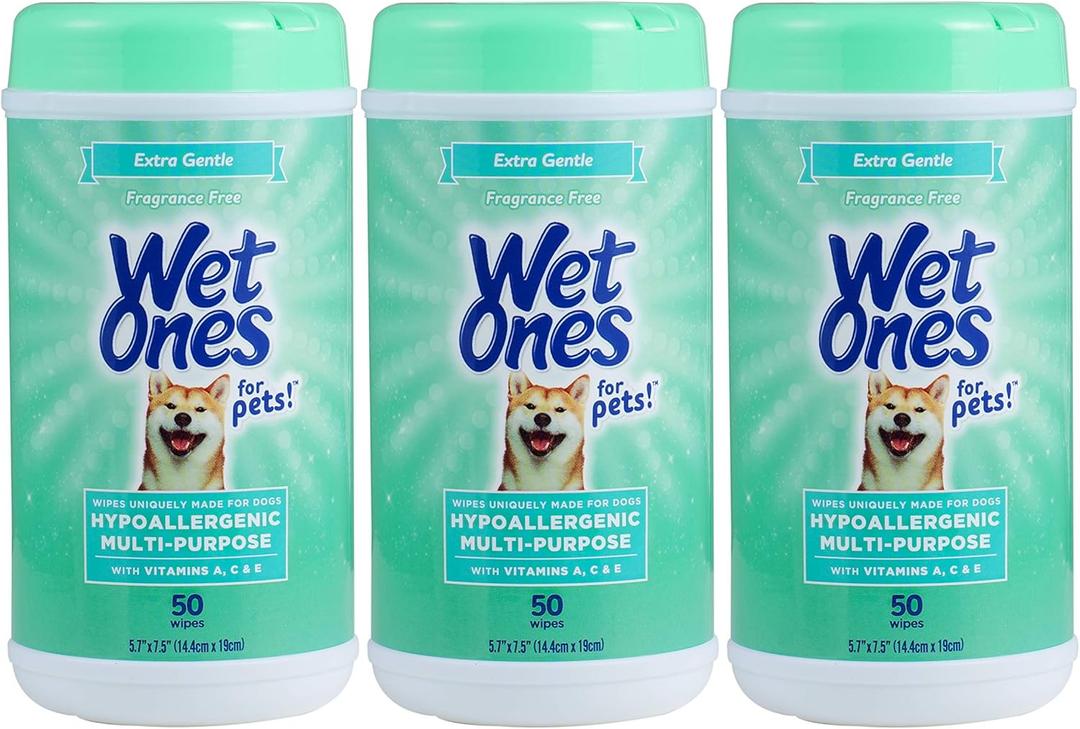 Wet Ones for Pets Hypoallergenic Multipurpose Dog Wipes with Vitamins A, C and E - Fragrance-Free All-Over Pet Grooming Wipes for Dogs in Canister, 50 Count - 3 Pack