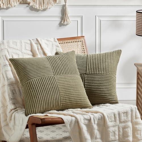Fancy Homi 2 Packs Olive Green Big Decorative Throw Pillow Covers 24x24 Inch for Living Room Couch Bed, Rustic Farmhouse Boho Home Decor, Soft Corss Corduroy Patchwork Accent Cushion Case 60x60 cm