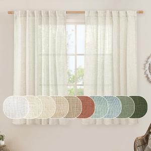 LAMIT Short Linen Curtains 45 Inches Long for Cafe 2 Panels, Cream Ivory Light Filtering Semi Sheer Panels Back Tab and Rod Pocket Neutral Drapes for Window/Loft Room, 52 x 45 Inch (Natural)