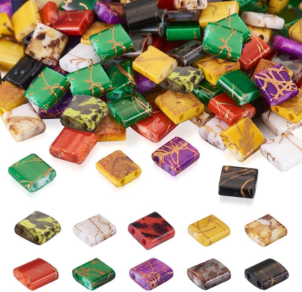 200Pcs Glass Seed Beads Rectangle Tila Beads 5mm 10 Colors 2 Hole Vintage Tile Square Loose Spacer Beads Charms Flat Back Cabochons for Jewelry Making