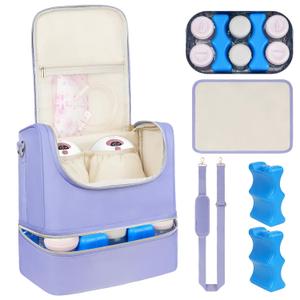 Wearable Breast Pump Bag with Cooler Compartment Fits for Willow/Elvie/Momcozy M5/S12 Pro/Medela, Breast Milk Travel Tote Bag with Ice Pack & Waterproof Mat,Purple