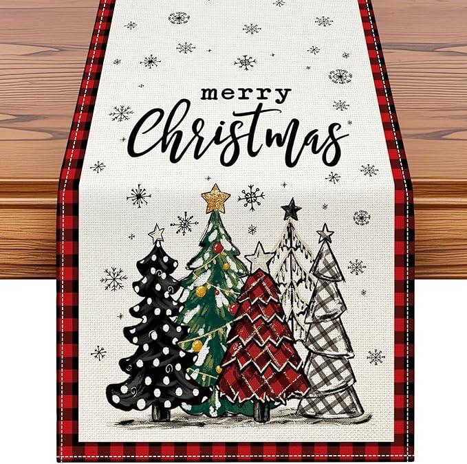 Merry Christmas Table Runner 13x36 Inch, Red and Black Buffalo Plaid Xmas Tree Snowflake Winter Holiday Farmhouse Kitchen Dining Table Decoration for Home Party, Red