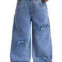 WDIRARA Girls' Bow Decor High Waisted Jeans Straight Leg Elastic Casual Denim Long Pants Light Wash 5Y