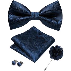 RBOCOTT Paisley Bow Tie and Pocket Sqaure Set with Lapel Pin and Cufflinks for Men (Navy Blue)