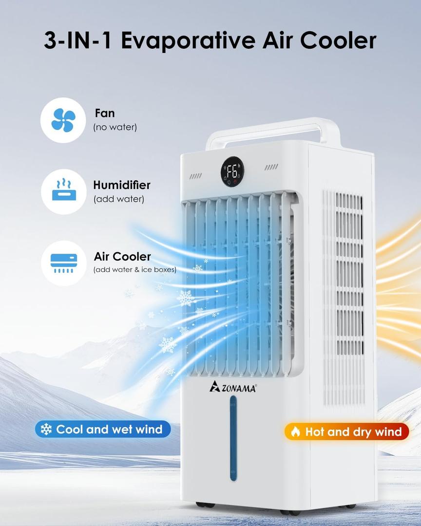Swamp Cooler, 3-IN-1 Evaporative Air Cooler with Display & Remote, Windowless Portable Air Conditioners with Ice Cooling, 12H Timer, 6 Speeds, 60 Oscillation, Air Cooler Fan for Home Office