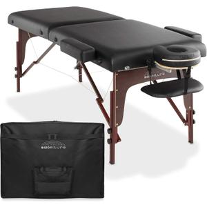 Saloniture Professional Portable Lightweight Bi-Fold Memory Foam Massage Table with Reiki Panels - Includes Headrest, Face Cradle, Armrests and Carrying Case - Black