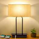 3-Way Dimmable Touch Control Table Lamp with 2 USB Ports and AC Power Outlet Modern Bedside Nightstand Lamp Fabric Shade and Metal Base for Guestroom Bedroom Living Room LED Bulb Included Warm White