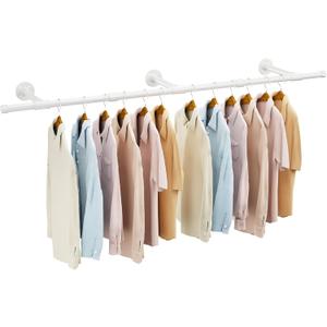 IBUYKE Industrial Pipe Clothes Rack, 61.4 Inch Wall Mounted Clothing Rack, Space-Saving Hanging Closet Rod, Heavy Duty Multi-Purpose Garment Rack for Closet and Laundry Room, White TYJ007W