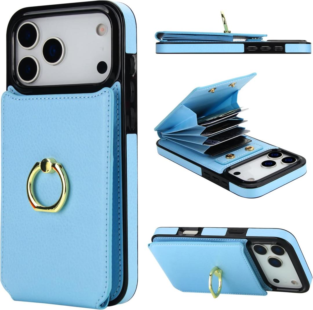 Folosu Compatible with iPhone 17 Pro Max Case Wallet with Card Holder, 360Rotation Finger Ring Holder Kickstand, RFID Blocking Leather Protective Double Buttons Shockproof Cover 6.9 Inch Blue