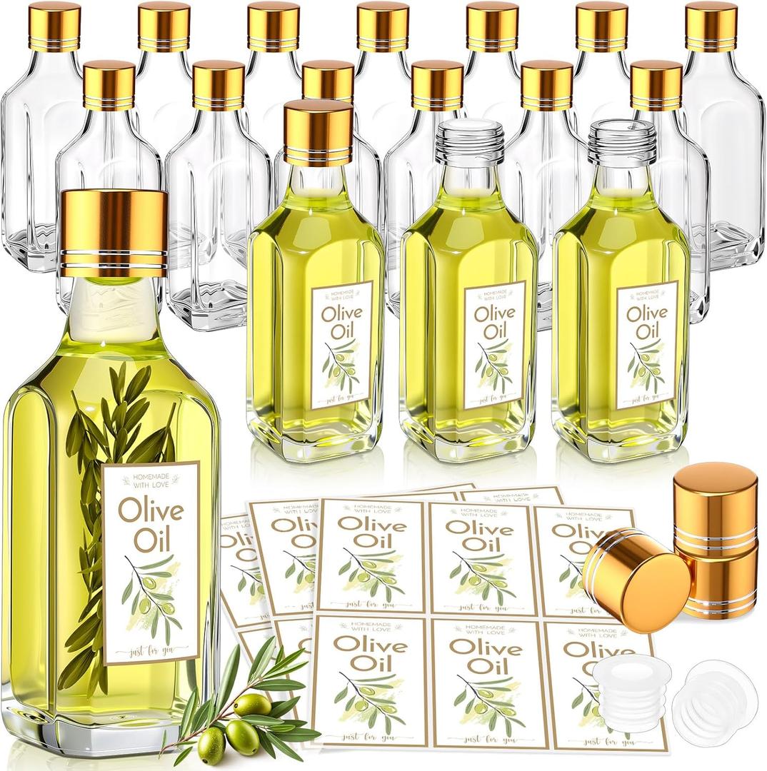 LemonRoad 20 Pcs 1.7oz Homemade Olive Oil Bottles Square Hot Sauce Glass Bottles Clear with Leak Proof Screw Cap and Stickers for Storing Homemade Olive Oil Wedding Baby Shower Party Favors
