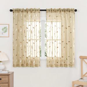 MIULEE Beige Sheer Curtains 2 Panels Embroidered Leaf Patterned Rod Pocket Floral Semi Sheer Faux Linen Short Window Curtains Drapes Set for Kitchen Living Room Bedroom, 52x54 Inches Length